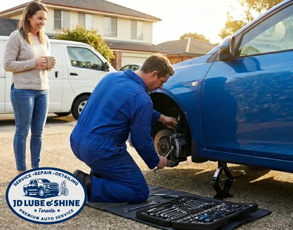 Mobile mechanic performing brake repair on a car in a residential driveway in Canada