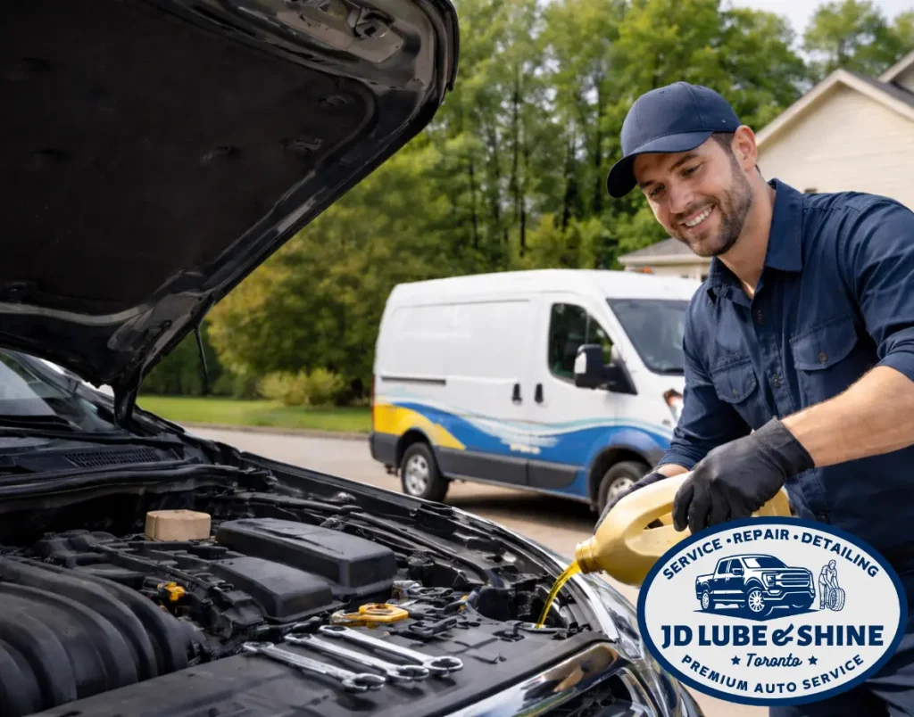 Mobile mechanic performing an oil change on a car at a residential driveway in Canada