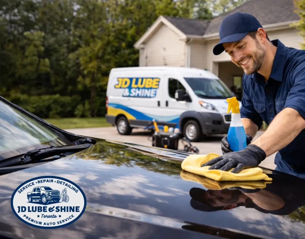 Mobile car detailer JD lube and Shine worker polishing vehicle exterior in a residential driveway in Canada