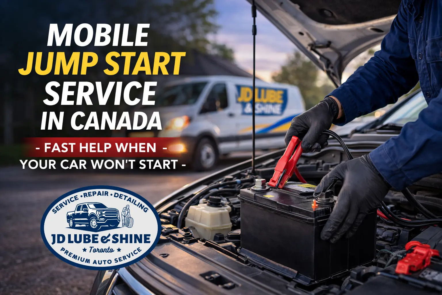 Mobile mechanic using a portable jump starter to restart a dead car battery during emergency roadside service in Canada