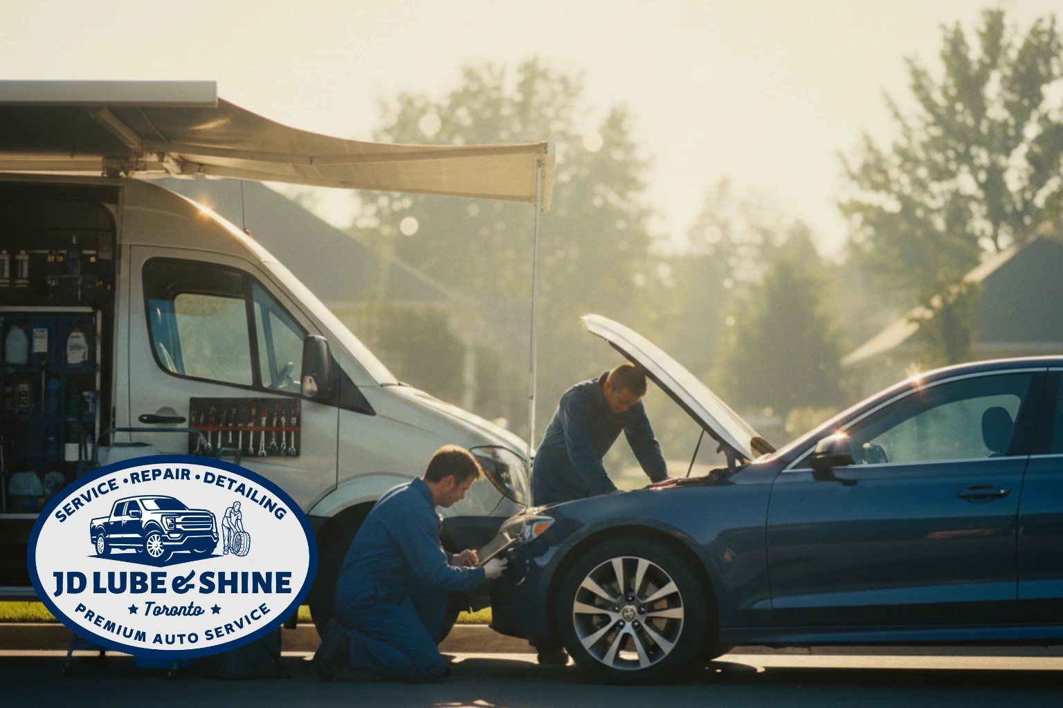 Technician performing mobile vehicle inspection under the hood using a diagnostic tablet in Canada