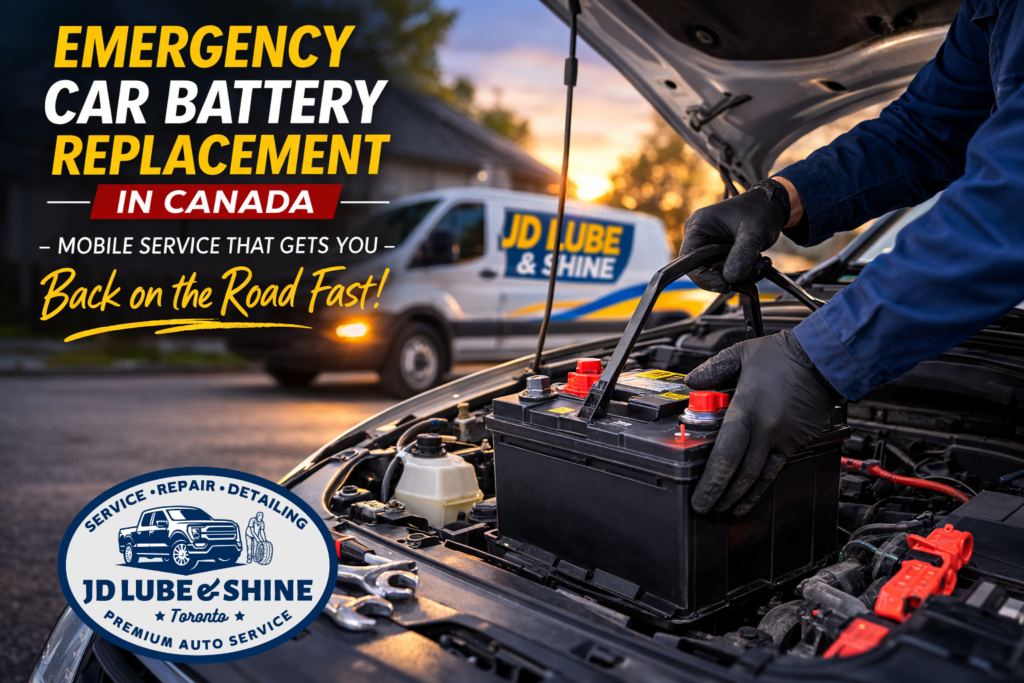 echnician performing emergency car battery replacement during mobile auto service in Canada