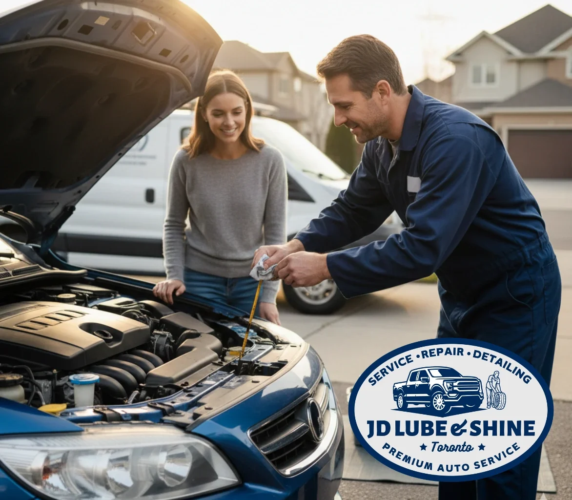 Technician checking engine oil and vehicle fluids during a mobile fluid check service in Canada