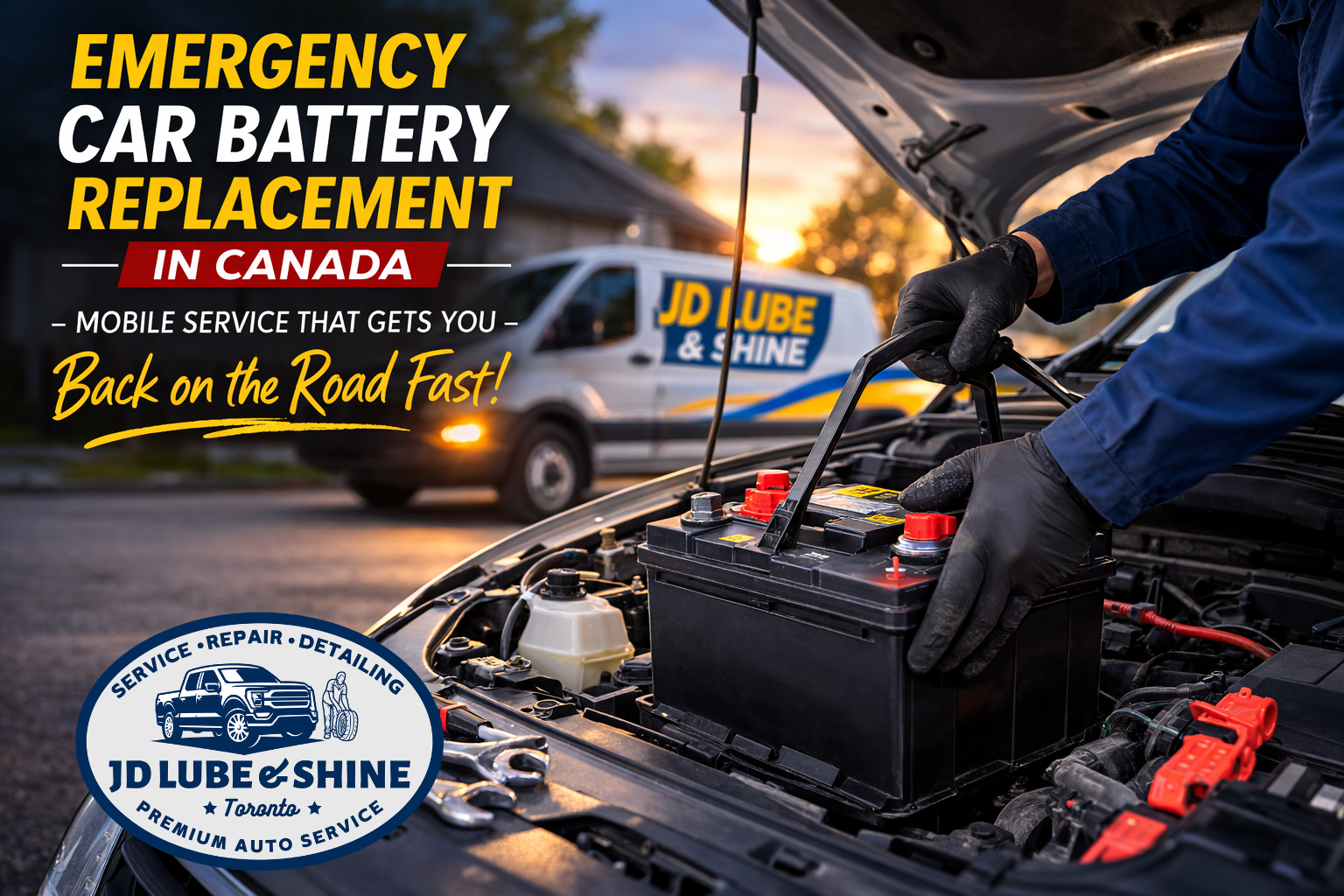 echnician performing emergency car battery replacement during mobile auto service in Canada